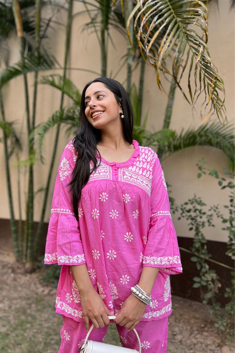 Iqra Cotton Chikankari Co-ord Set- Pink (Set of 2)