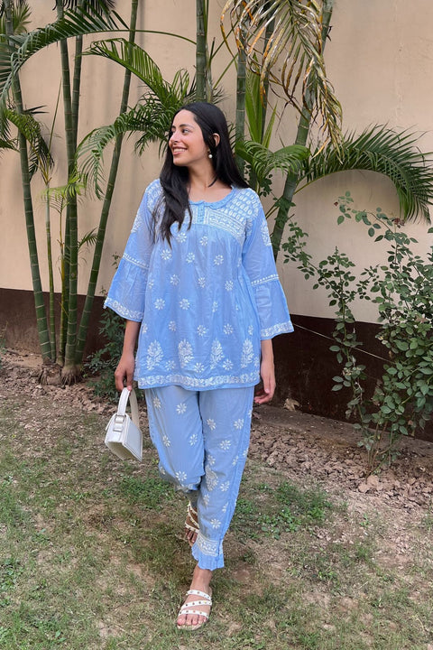 Iqra Cotton Chikankari Co-ord Set- Blue (Set of 2)