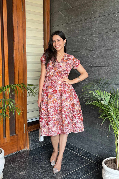 Kiana Handblock Printed Tie-Detail Dress- Brown