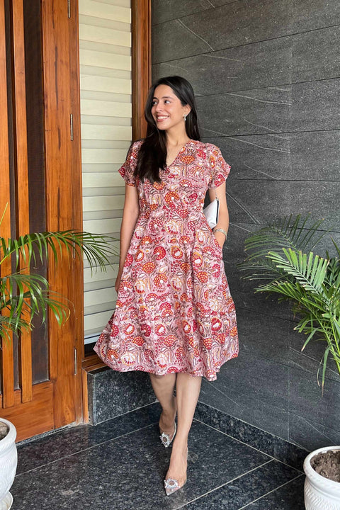 Kiana Handblock Printed Tie-Detail Dress- Brown