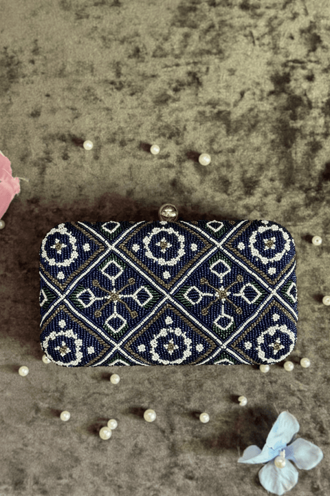 Nadiya Beaded Blue Clutch With Metal Sling