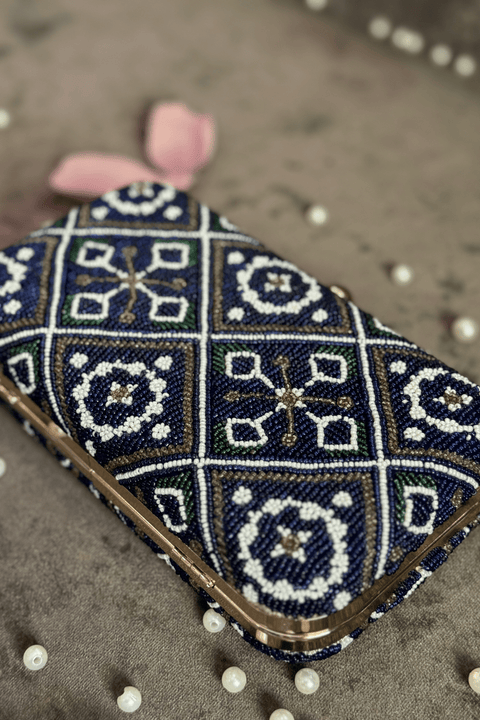 Nadiya Beaded Blue Clutch With Metal Sling