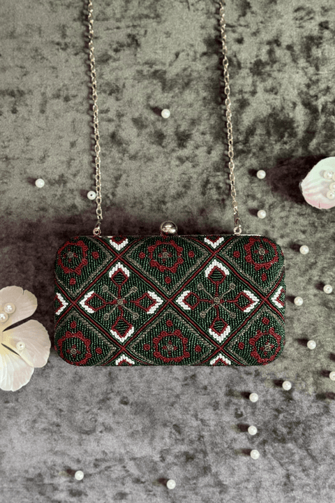 Nadiya Beaded Green Clutch With Metal Sling