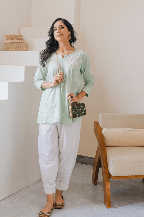 Nadiya Soft Cotton Chikankari Short Kurta- Light Green