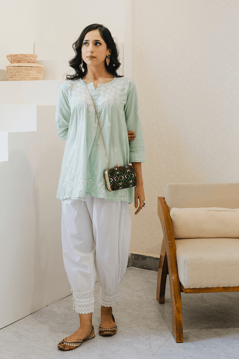 Nadiya Soft Cotton Chikankari Short Kurta- Light Green