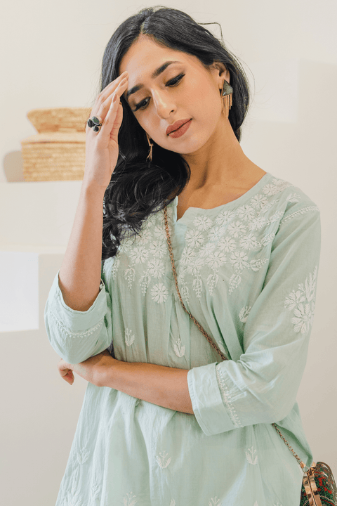 Nadiya Soft Cotton Chikankari Short Kurta- Light Green