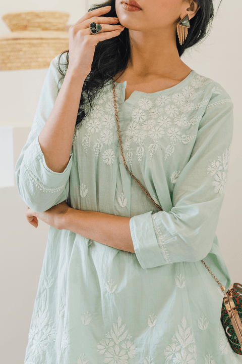 Nadiya Soft Cotton Chikankari Short Kurta- Light Green