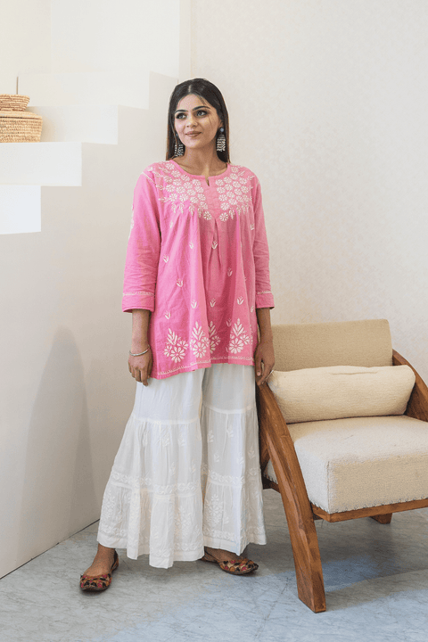 Nadiya Soft Cotton Chikankari Short Kurta- Pink