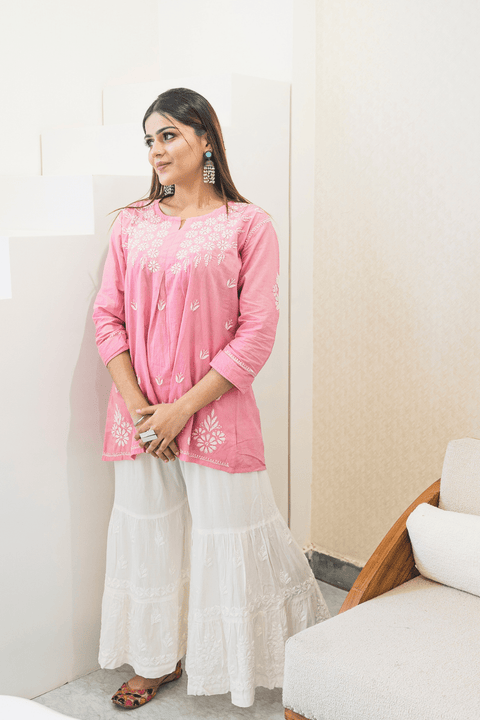 Nadiya Soft Cotton Chikankari Short Kurta- Pink