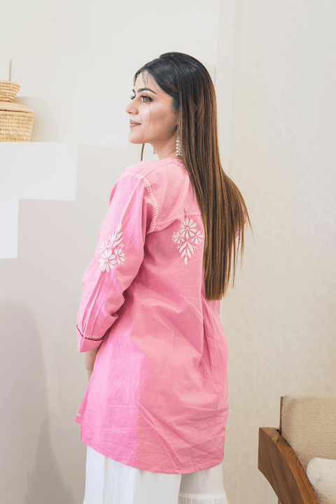 Nadiya Soft Cotton Chikankari Short Kurta- Pink