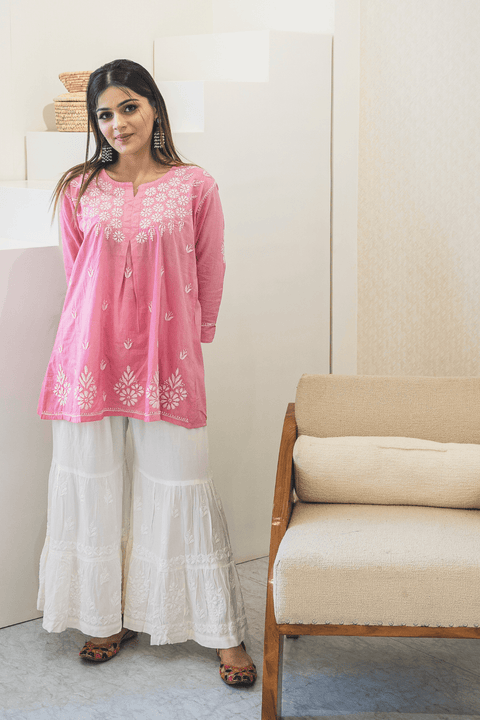 Nadiya Soft Cotton Chikankari Short Kurta- Pink