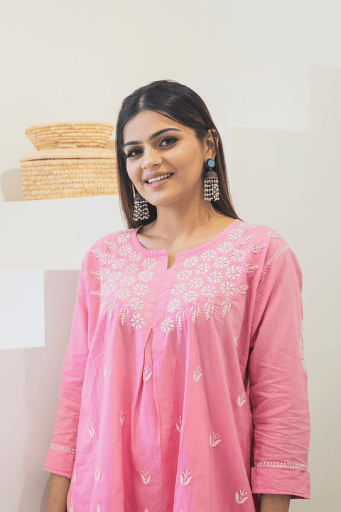 Nadiya Soft Cotton Chikankari Short Kurta- Pink