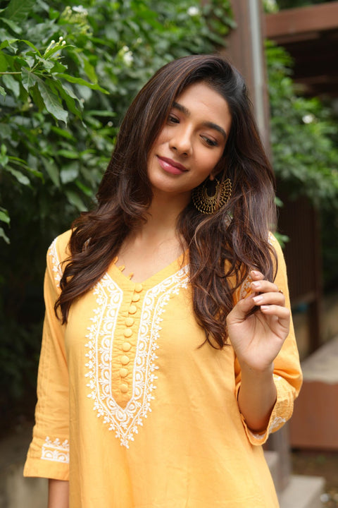 Nafisa Cotton Chikankar U-cut A-line Kurta- Yellow