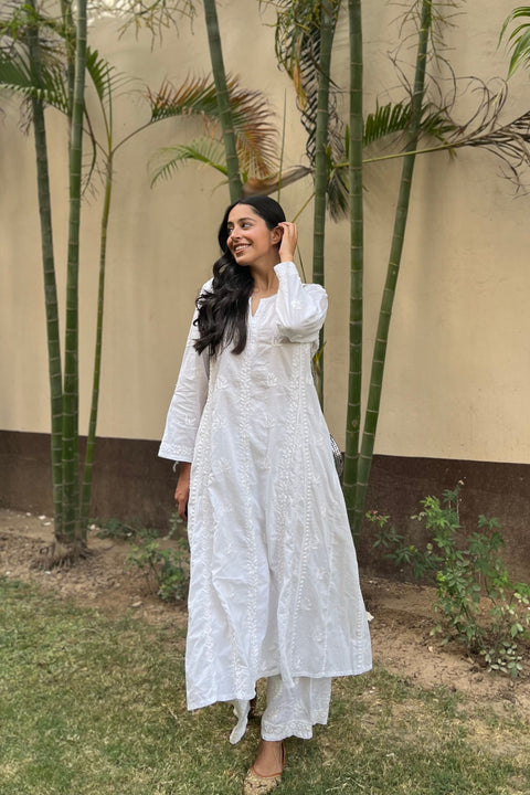 Noor Cotton White Chikankari A-line Kurta