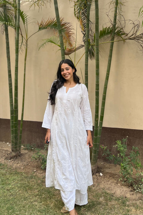 Noor Cotton White Chikankari A-line Kurta