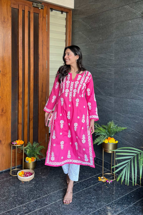 Nusrat Cotton Chikankari Kurta- Pink