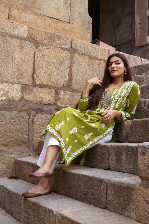 Nusrat Cotton Chikankari Kurta- Green