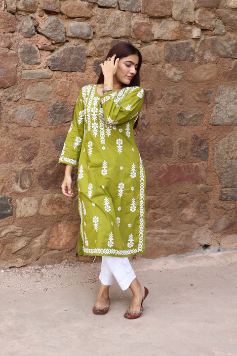 Nusrat Cotton Chikankari Kurta- Green