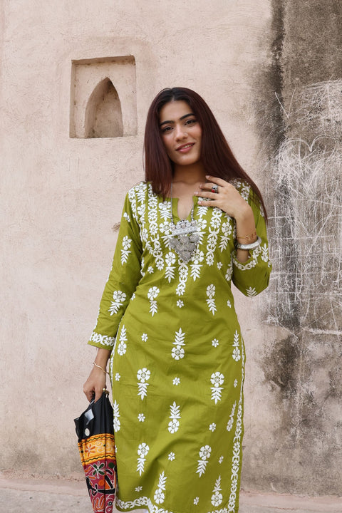 Nusrat Cotton Chikankari Kurta- Green