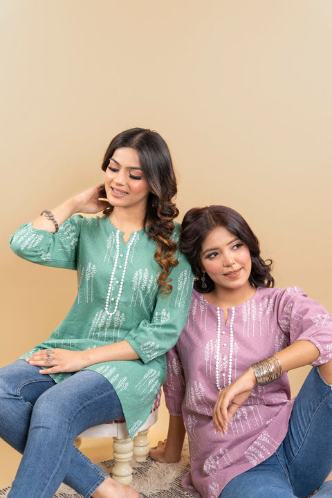 Radha Cotton Printed Short Kurta- Green