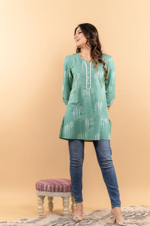 Radha Cotton Printed Short Kurta- Green