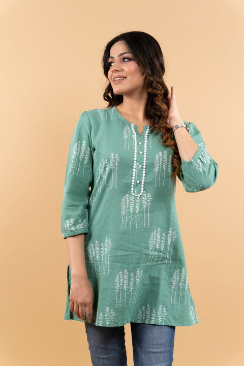 Radha Cotton Printed Short Kurta- Green