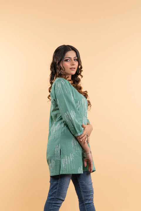 Radha Cotton Printed Short Kurta- Green