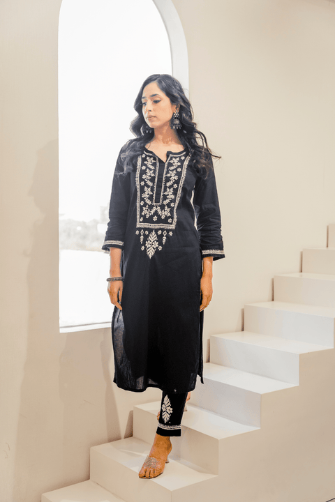 Savya Cotton Chikankari Kurta Set- Black (Set of 2)