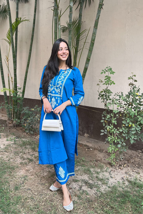 Savya Cotton Chikankari Kurta Set- Peacock Blue (Set of 2)