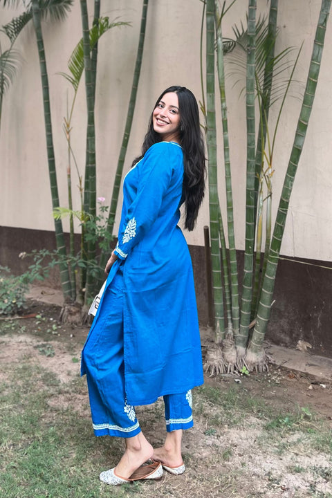 Savya Cotton Chikankari Kurta Set- Peacock Blue (Set of 2)