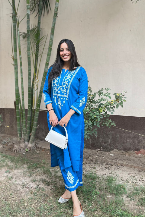Savya Cotton Chikankari Kurta Set- Peacock Blue (Set of 2)