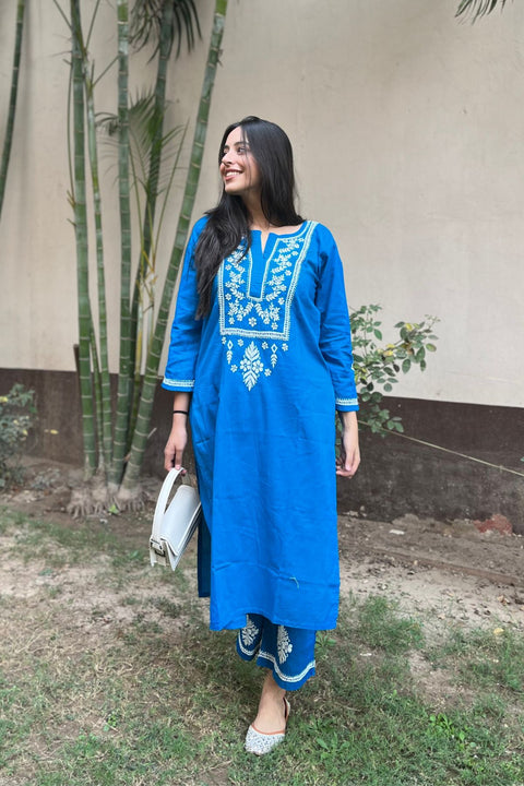 Savya Cotton Chikankari Kurta Set- Peacock Blue (Set of 2)