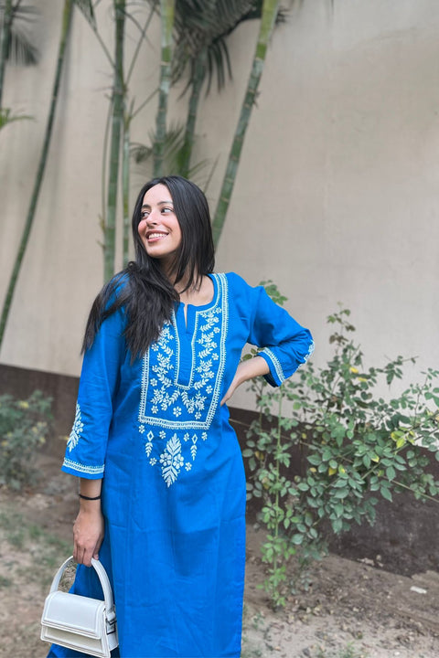 Savya Cotton Chikankari Kurta Set- Peacock Blue (Set of 2)
