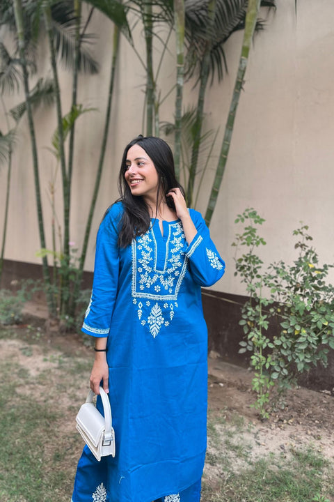 Savya Cotton Chikankari Kurta Set- Peacock Blue (Set of 2)