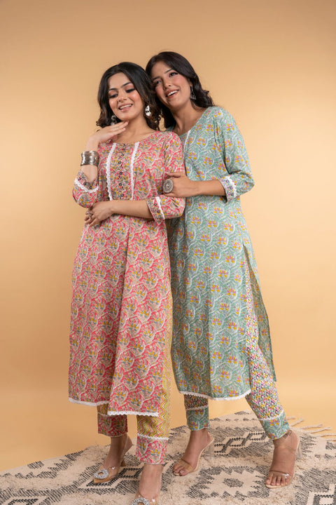 Uma Cotton Printed Kurta Set- Pink (Set of 2)