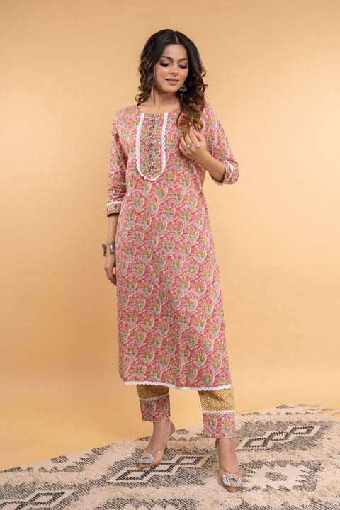 Uma Cotton Printed Kurta Set- Pink (Set of 2)