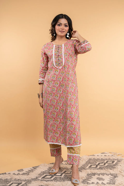 Uma Cotton Printed Kurta Set- Pink (Set of 2)