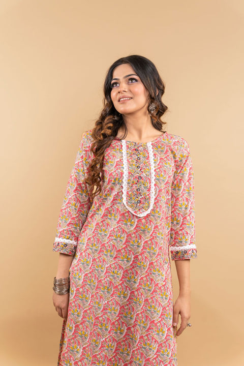 Uma Cotton Printed Kurta Set- Pink (Set of 2)