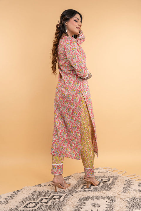 Uma Cotton Printed Kurta Set- Pink (Set of 2)