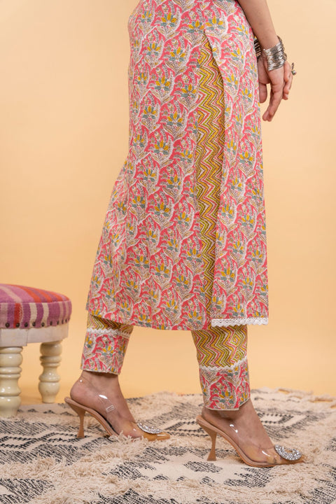 Uma Cotton Printed Kurta Set- Pink (Set of 2)