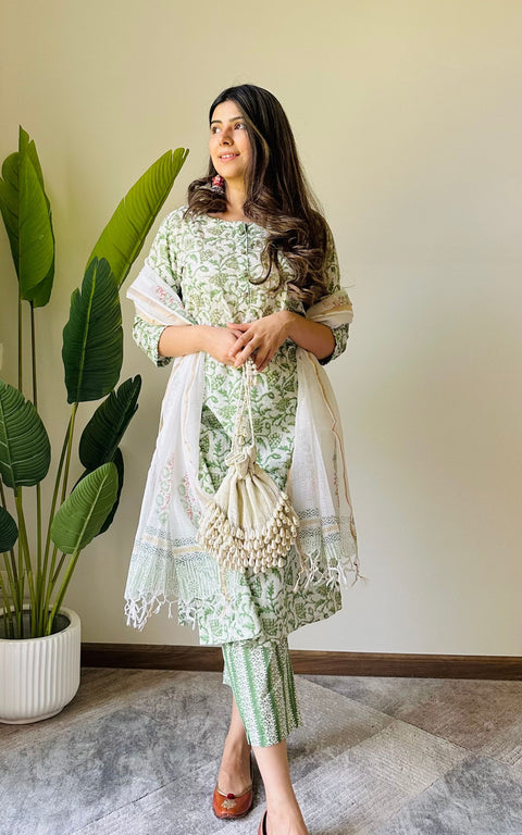 Vani Cotton Handblock Printed Suit Set with Kota Doriya Dupatta- Green (Set of 3)