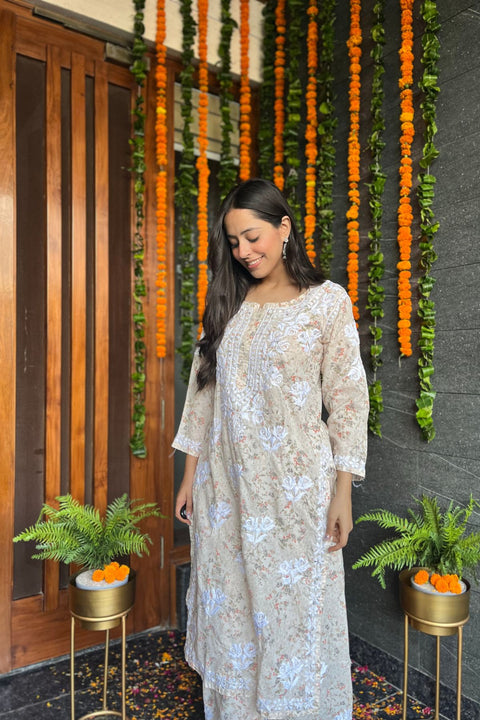 Zaheen Cotton Mul Chikankari Palazzo Set- Yellow (Set of 2)