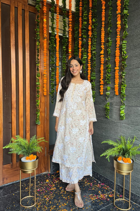 Zaheen Cotton Mul Chikankari Palazzo Set- Yellow (Set of 2)