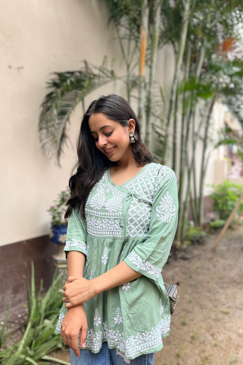 Zara Cotton Rayon Chikankari Short Kurta- Green