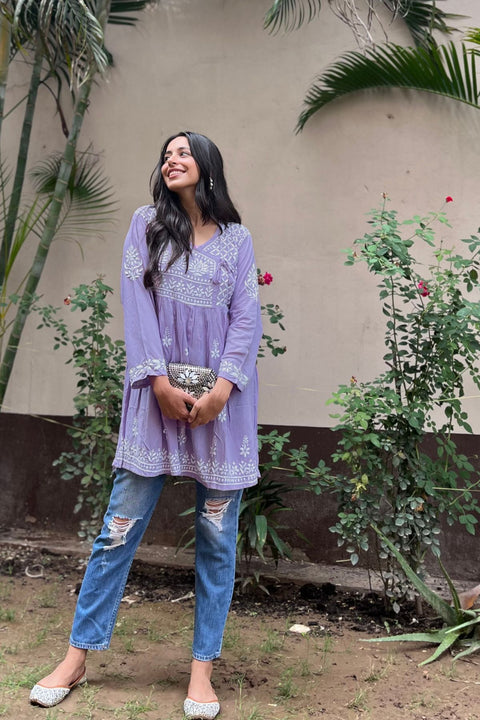 Zara Cotton Rayon Chikankari Short Kurta- Lilac