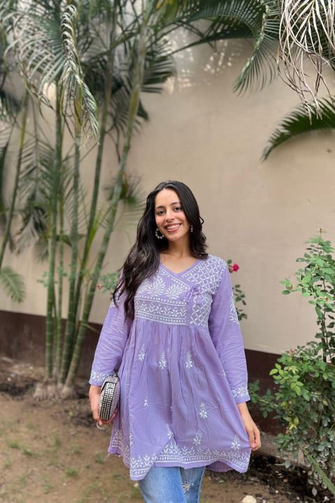 Zara Cotton Rayon Chikankari Short Kurta- Lilac