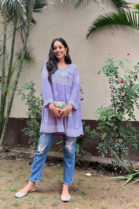 Zara Cotton Rayon Chikankari Short Kurta- Lilac