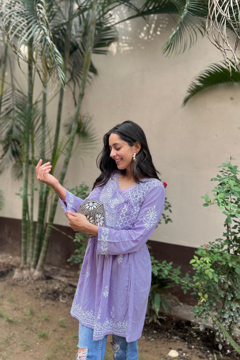 Zara Cotton Rayon Chikankari Short Kurta- Lilac