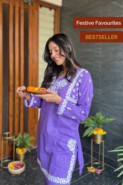 Zeenat Cotton Chikankari Short Kurta Set- Purple (Set of 2)