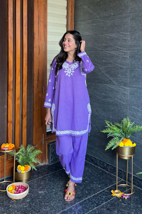 Zeenat Cotton Chikankari Short Kurta Set- Purple (Set of 2)